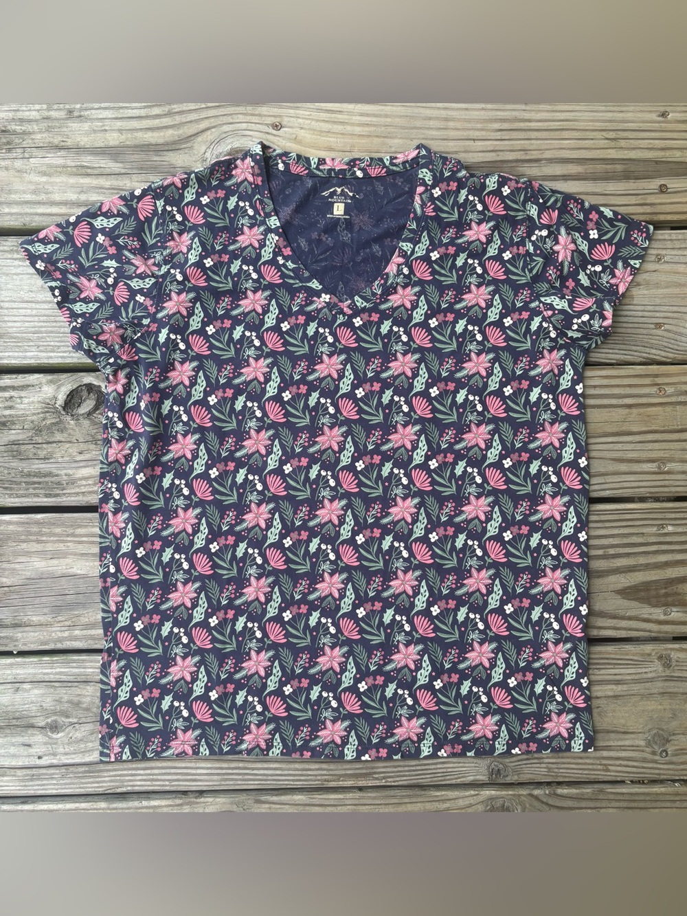 Blue Mountain Stretchy Nature Print V-Neck T-Shirt
